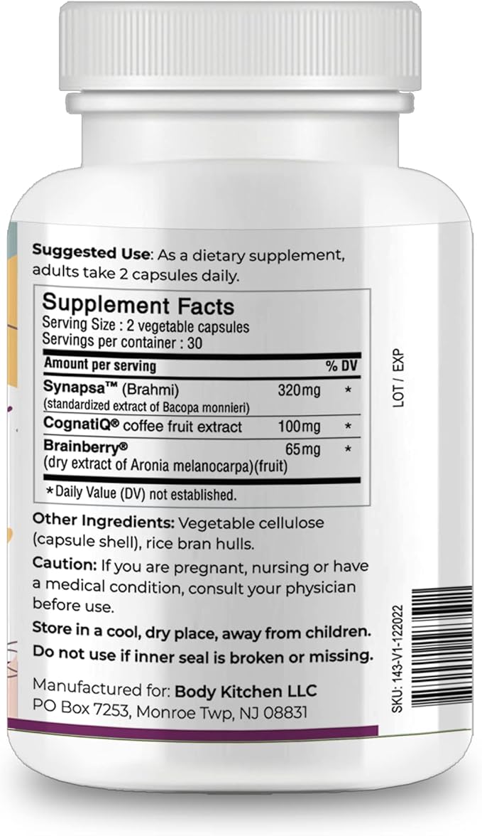 Body Kitchen Total Brain Supplement, Supports Increased Memory, Focus and Clarity with Bacopa, Coffee Fruit & Brainberry, Clinically Tested, Veggie Caps, 60 Count