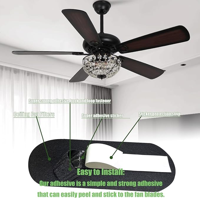 12 Pack Ceiling Fan Filters for Blades, Ceiling Fan Filter, Unscented Activated Coconut Shell Carbon Ceiling Fan Air Filter-Easy-Stick Ceiling Fan Air Filters, Universal Ceiling Fan Blade(10mm thick)