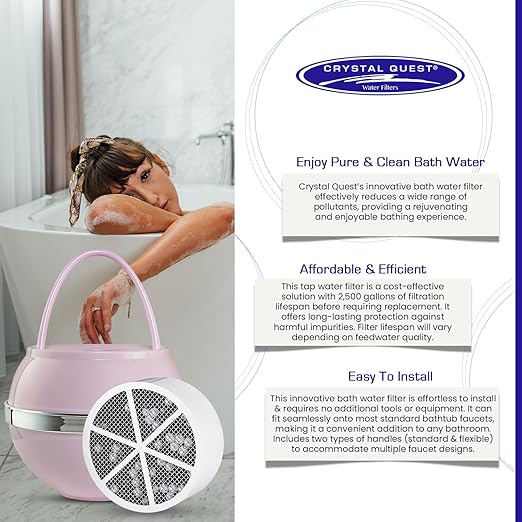Crystal Quest Bath Ball & Replacement Filter Cartridge Bundle - Water Filter System-Reduce Contaminants for Softer &Smoother Skin-Effortless & Quick Installation|Bundle and Save (Pink)