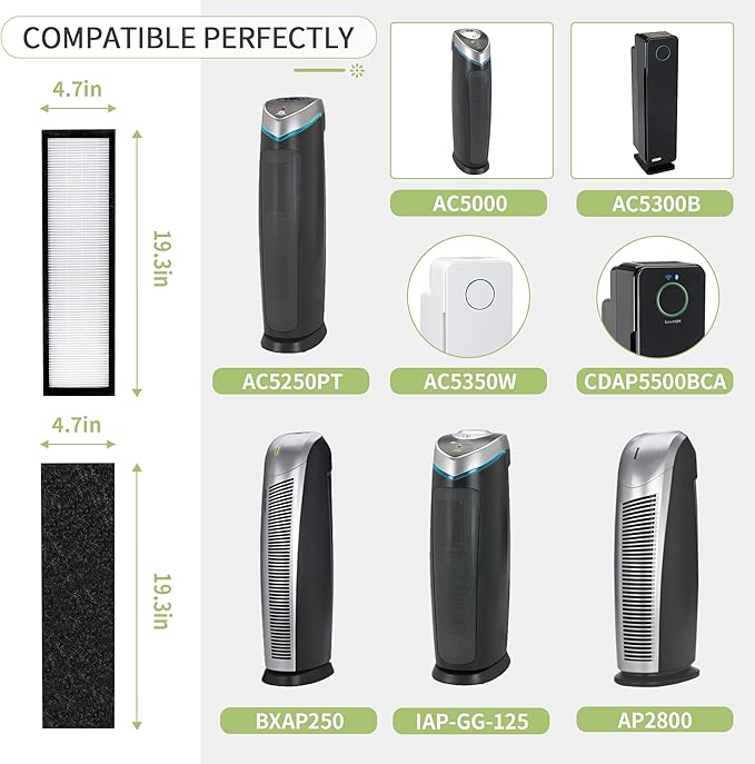 FLT5250PT Replacement Filter Compatible with Germ-Guardian Filter C Pet HEPA Air Pu-rifier AC5250PT AC5000E AC5300B AC5350W AC5350B CDAP5500 and More, 2 HEPA and 6 Pre-Filter