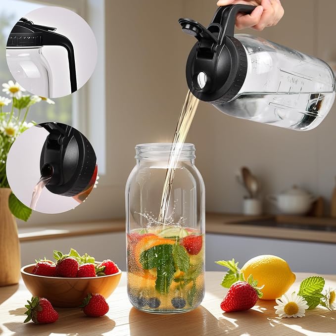 2 Pack 64oz Glass Mason Jar Pitcher with Airtight Lid and Handle – Wide Mouth, Leak-Proof, Ideal for Sun Tea, Cold Brew, Lemonade, Iced Coffee, Milk, and Water (Gray)