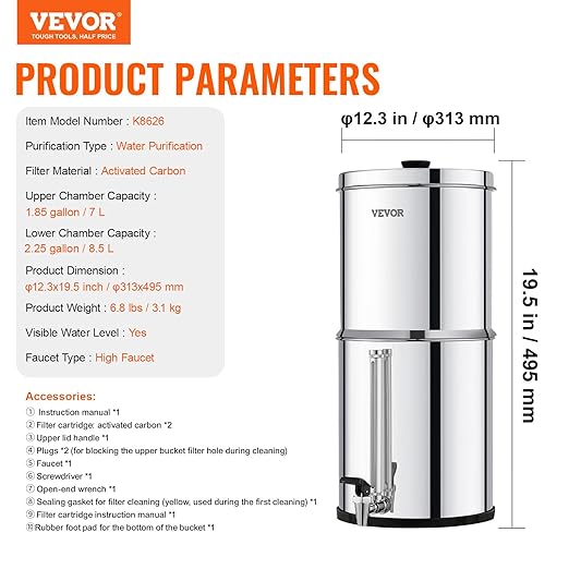 VEVOR Gravity-fed Water Filter System, 2.25G 304 Stainless-Steel Countertop System, Water Filtration System, Reduces Lead and up to 99% of Chlorine, with 2 Carbon Filters, and Water Level Spigot