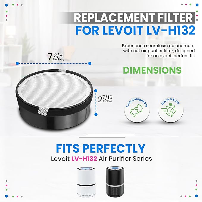 Bagean LV-H132 Replacement Filter Compatible with Levoit Filter Replacement for Levoit Air Purifier - H13 True HEPA Filters captures 99.97% particles and Activated Carbon Freshens the Air (2-Sets)