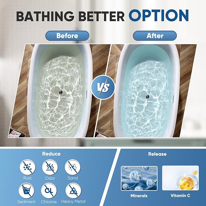 PUREPLUS Bathtub Bath Water Filter for Tub with 1 Extra Replacement Filter,8 Stages Kinder Filter,2500 Gallons Filtration,Remove Contaminants,Softer Skin & Hair,Reduce Chlorine & Heavy Metals,BPA Free