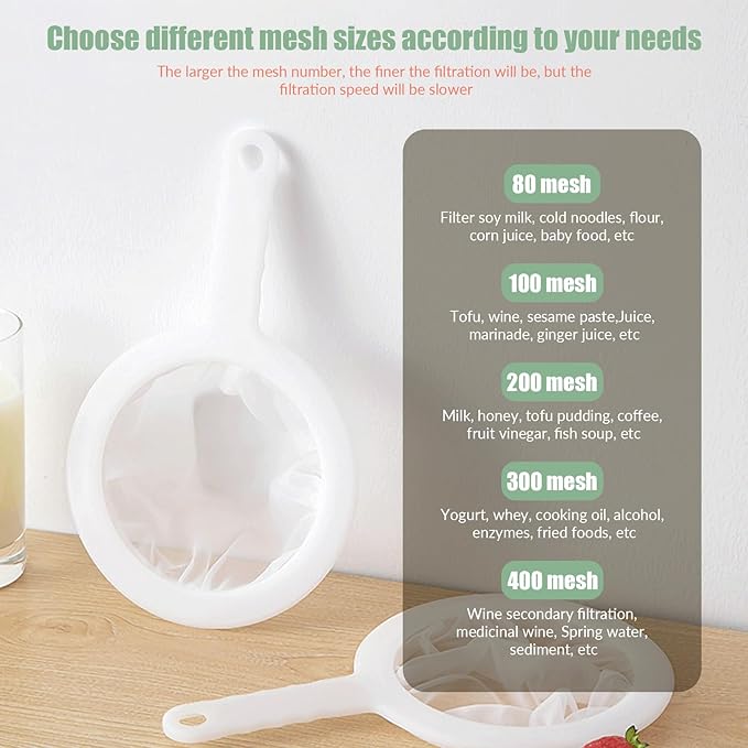 2 Pack Fine Nylon Mesh Strainer,Reusable Mesh Filter Bags for Filter NutMilk, Coffee, Milk, Butter, Juices and Fresh Cheese (400 Mesh)