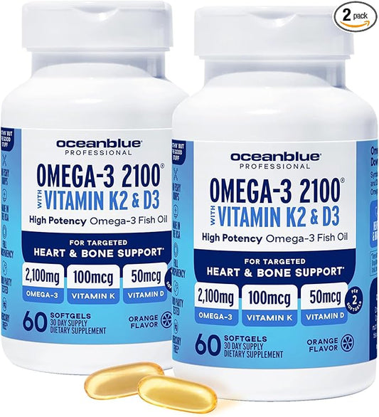 Oceanblue Professional Omega-3 2100 with Vitamin K2 and Vitamin D3-120 Count 2 Pack- Triple Strength Burpless Fish Oil Supplement with EPA, DHA & DPA - Wild Caught - Orange Flavor, 60 Servings
