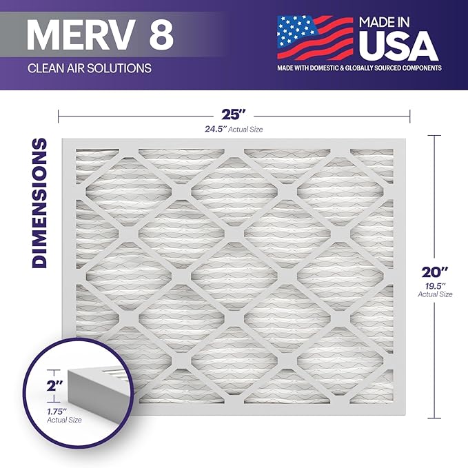 BNX TruFilter 20x25x2 Air Filter MERV 8 (4-Pack) - MADE IN USA – Dust & Pet Defense Electrostatic Pleated Air Conditioner HVAC AC Furnace Filters for Dust, Pet, Mold, Pollen MPR 600 – 700 & FPR 5