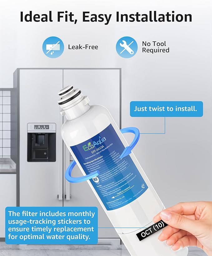 EcoAqua 11032531 Replacement for Bosch® Ultra Clarity® Pro BORPLFTR50, 12033030, 11025825, BORPLFTR55, B36CD50SNS, B36CT80SNS, B36CL80ENS, B36FD50SNS, WFC100MF, Refrigerator Water Filter, 1 Filter