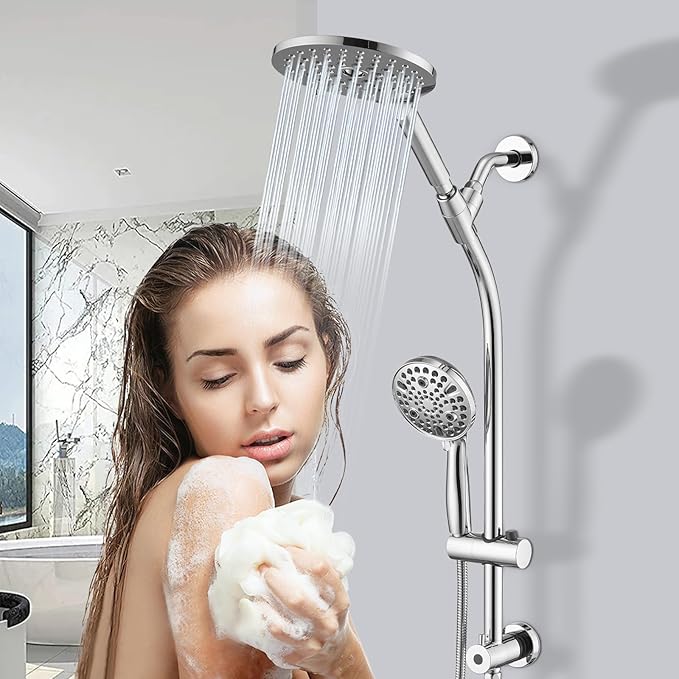 High Pressure Shower Head with Handheld Shower, 26" Adjustable Height Drill-Free Slide Bar, 3-Way Diverter for Easy Reach, Dual Shower Head Combo Set with 5ft Hose - Chrome