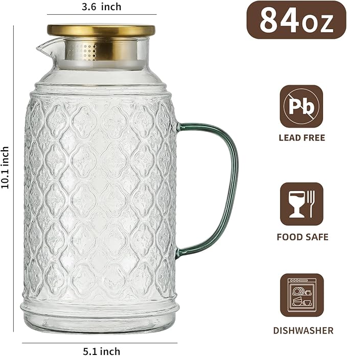 Glass Pitcher with Lid, 2 PACK 84 oz/2.5L Liter Vintage Water Pitcher, Clear Borosilicate Glass Water Carafe for Cold Brew, Coffee, Lemonade, Iced Tea,Beverage, Heat Resistant