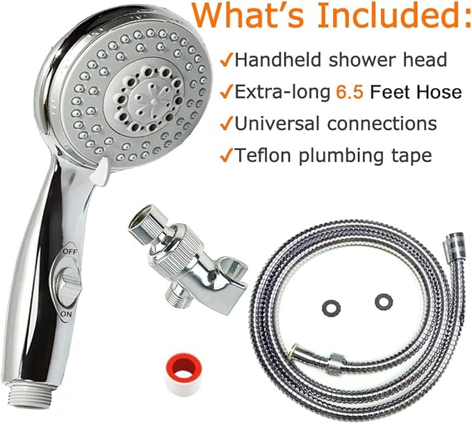 HauSun Handheld Shower Head with On/Off Switch - 5 Spray Settings 6.5 Feet Extra Long Hose High Pressure with Bathroom Faucet Kit - Universal Adapter Holder Mount for Wall,Chrome Finish