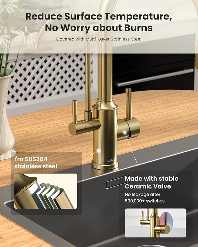 APPASO Kitchen Faucet with Water Filter, 2 Handle 3 Way Gold Kitchen Sink Faucet, High Arch 3 Hole Kitchen Faucet with Pull Down Sprayer - 3 in 1 Faucet (Without Water Filtration Device)