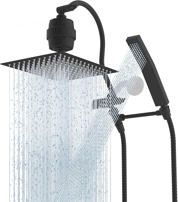 Hibbent All Metal 12'' Filtered Rainfall Shower Head Combo, High Pressure Handheld Shower Wand, 12'' Adjustable Extension Arm, 20 Stage Shower Filter, 71'' Hose, Shower Head Holders, Matte Black