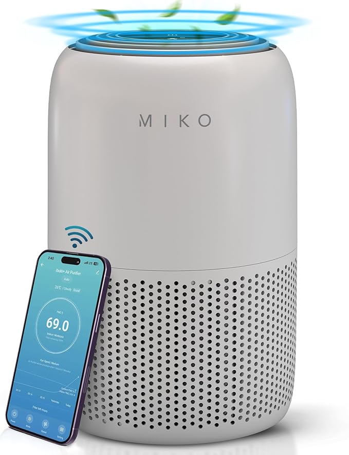 MIKO Air Purifier for Bedroom with 3-in-1 HEPA Filter & Sleep Mode, Whisper Quiet, Covers Up to 1200 ft, Smart Wi-Fi App Control - Removes Smoke, Allergens, Pets Hair, Dust, Odors, Pollutants