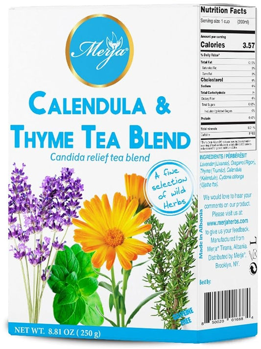Merja Herbs Calendula & Thyme Tea [250g] 100% Natural for Fungal Cleanse & Body Detox | Decaf Viral Relief | Herbal Teas & Beverages