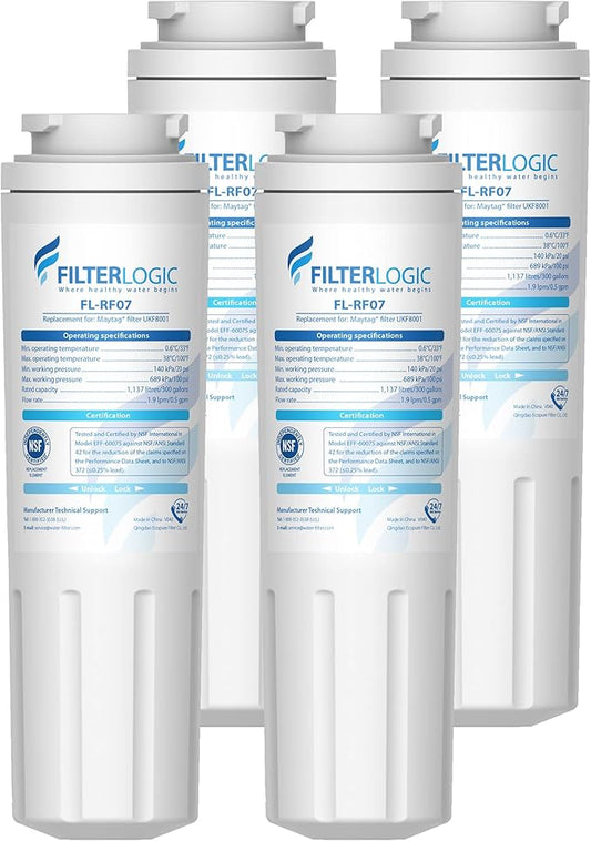Filterlogic UKF8001 Replacement for EveryDrop Filter 4, Whirlpool EDR4RXD1, Maytag 4396395, UKF8001AXX-200, UKF8001AXX-750, 46-9006, Puriclean II, FMM-2, FL-RF07, Refrigerator Water Filter, Pack of 4
