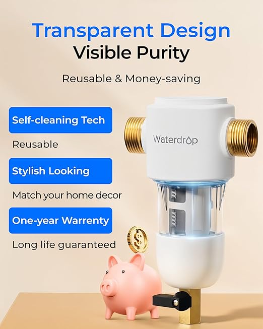 Waterdrop Spin Down Sediment Filter, 50/200 Micron Reusable Whole House Water Filter Sediment System, Flushable Pre-Filter System for City/Well Water,1" MNPT + 3/4" FNPT
