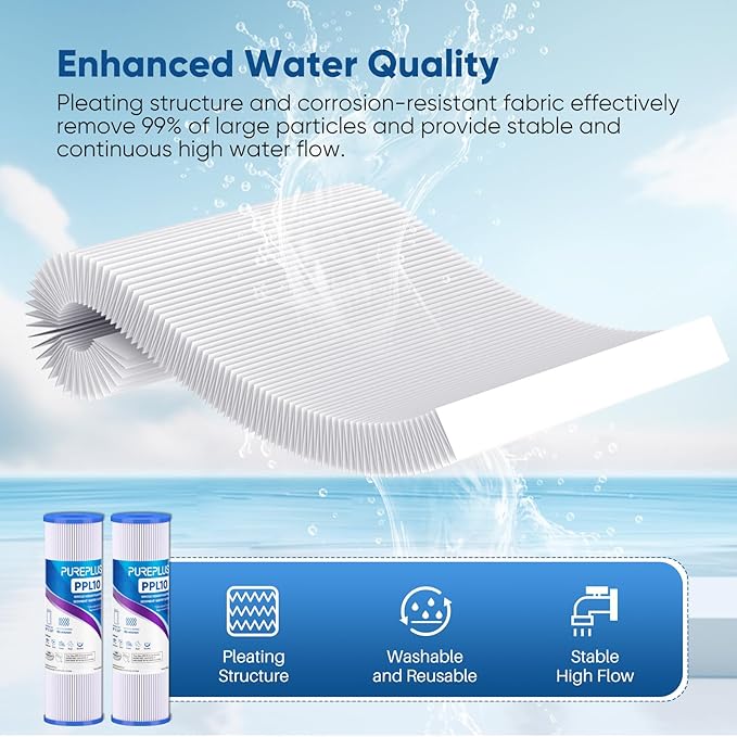 PUREPLUS 50 Micron 10"x2.5" Whole House Pleated Sediment Filter for Well Water, Replacement Cartridge for Universal 10 inch RO System, W50PE, WFPFC3002, SPC-25-1050, FM-50-975, 801-50, WB-50W, 4Pack
