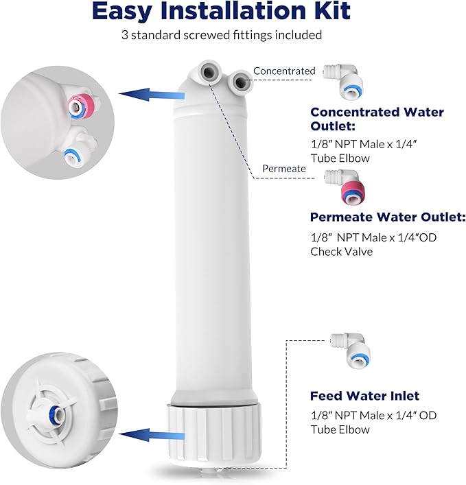 Membrane Solutions RO Membrane, 50 GPD Reverse Osmosis Membrane Replacement with Housing, Wrench, 1/4" Quick-Connect Fittings, Check Valve for Water Filter Purifier