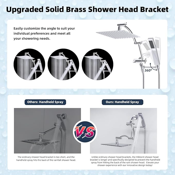 Hibbent All Metal 12'' Rainfall Shower Head, Dual Shower Head Combo, High Pressure Handheld Shower Wand, 16'' Adjustable Arc-shaped Shower Extension Arm, 71'' Hose, Showerhead Holder, Chrome