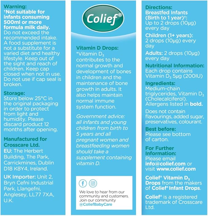 Colief Vitamin D 3 Drops | The Infant's Sunshine Vitamin for Immune Support | Liquid VIT D3 Supplement for Babies from Birth | Suitable for All The Family | 370 Servings | 0.67 Fl Oz