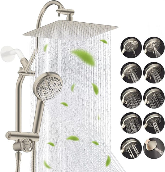 Hibbent Upgraded All Metal 10"Rainfall Showerhead Combo, High Pressure Shower Head with 10-Spray Mode Handheld, Innovative 4-way Diverter with Pause Mode, 71'' Shower Hose & Holder, Brushed Nickel