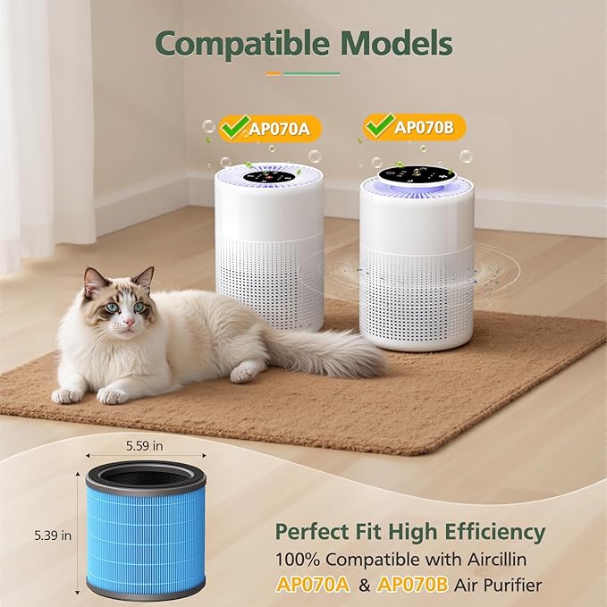 AP070B Replacement Filt-ers for Aircillin AP070A & AP070B Air Purifier, 4-in-1 High-Efficiency Air Filt-er with Activated Carbon, 2 Pack