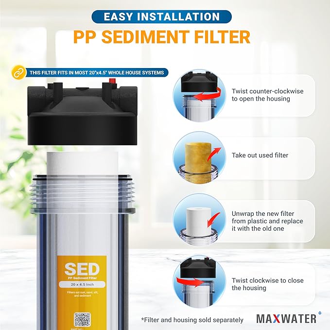 Max Water 5 Micron 20 x 4.5 Sediment Filter 20 inch Whole House BB Water Filteration System Replacement Compatible Cartridge DGD-5005-20, FP25B, AP810-6, FPMB5-20, P5-20, 155358-43, SDC-45-2005