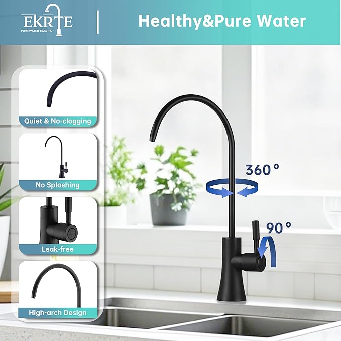 EKRTE Matte Black Drinking Water Faucet for Kitchen Sink, Brass Kitchen Water Filter Faucet,Commercial Water Filtration Faucet for Under Sink Water Filter System, Solid Brass RO Faucet in Matte Black