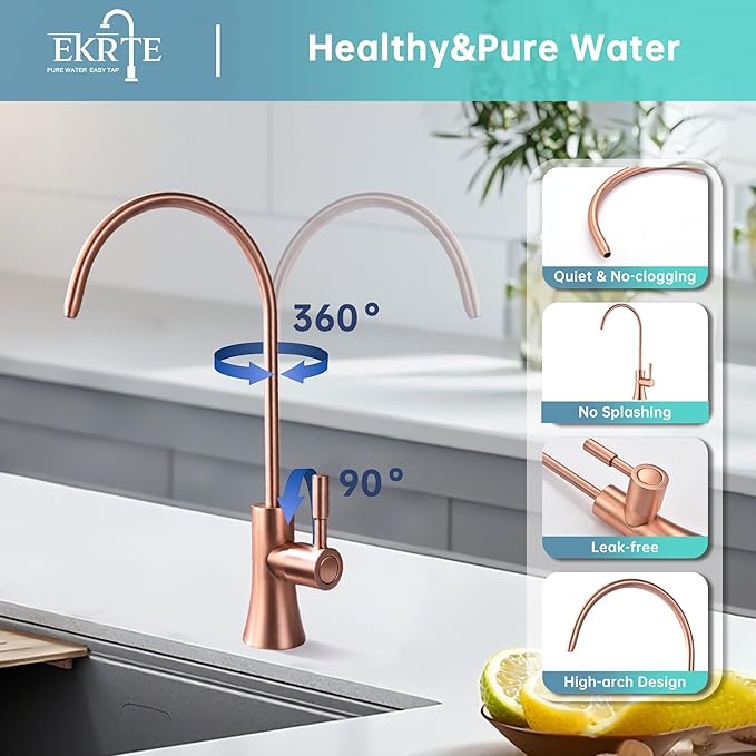 EKRTE Copper Drinking Water Purifier Faucet, Rose Gold Kitchen Bar Sink Drinking Water Purifier Faucet, Commercial Water Filtration Faucet for Under Sink Water Filter System,Brass RO Faucet in Copper