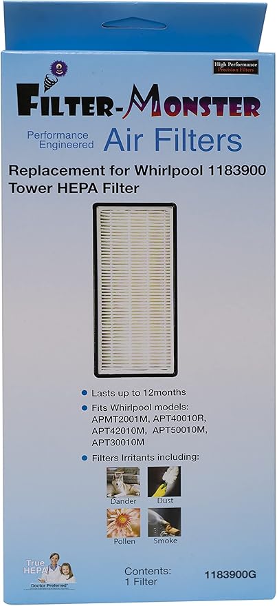 Filter-Monster True HEPA Replacement Compatible with Whirlpool 1183900 Filter for Whirlpool Tall Tower Air Purifier Models APT40010R, APMT2001M