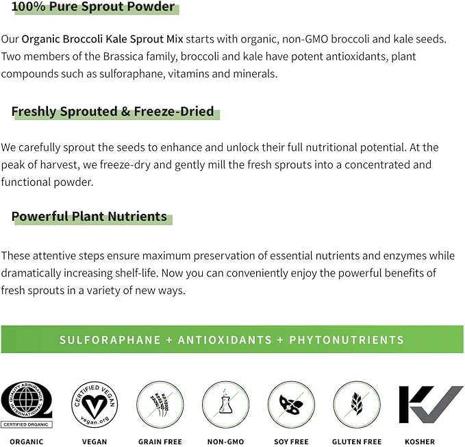 Sprout Living Broccoli and Kale Organic Sprout Mix, Freeze Dried Superfood Greens Powder, 100% Pure, Vegan, Non-GMO, Gluten Free (4 ounces, 32 servings)