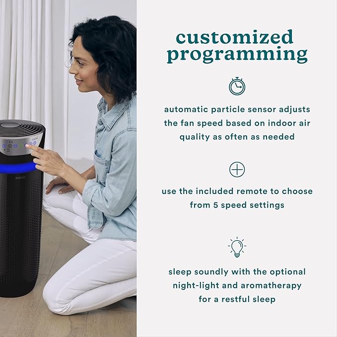 Homedics 5-in-1 UV-C Air Purifier - 360-Degree HEPA Filter for 1,659 Sq Ft, Extra Large Air Purifiers for Bedroom and Home, Essential Oil Pads, Built-In Timer, 5 Speed Settings for Large Rooms, Black