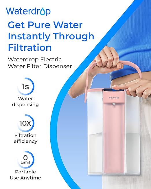Waterdrop Electric Water Filter Pitcher, Reduce 99.6% of Lead and 45+ Impurities, 200-Gallon Rechargeable Water Dispenser, Instant 15-Cup Countertop System, NSF/ANSI 401&53&42&372, Pink