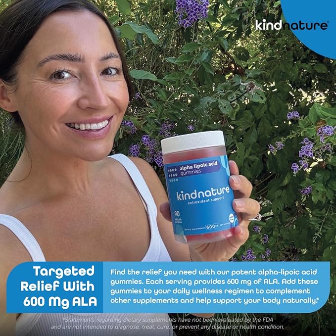 kindnature Alpha Lipoic Acid Gummies - Vegan, Sugar-Free, Low Calorie 600 mg ALA Supplement - Pure ALA Alpha Lipoic Acid 600mg for Antioxidant Support