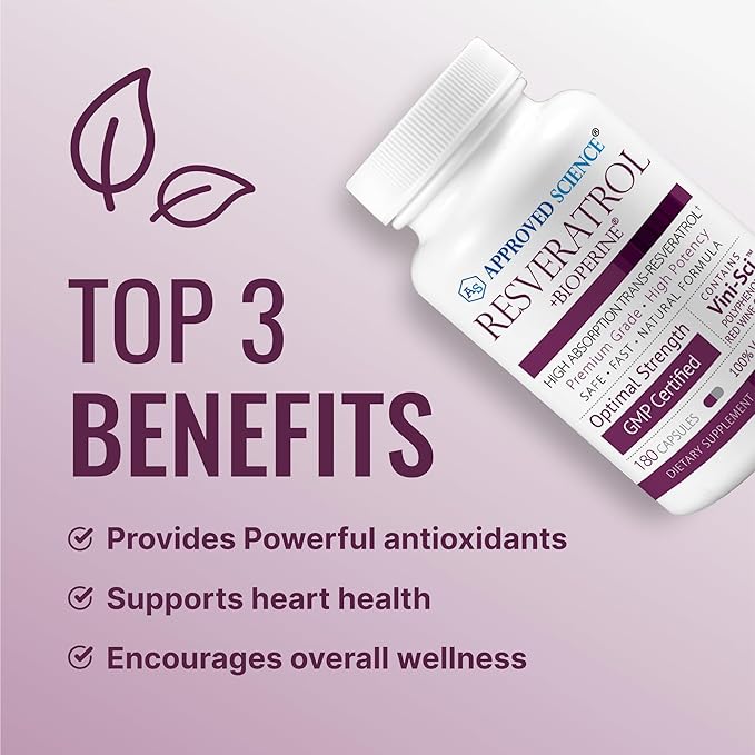 Approved Science® Resveratrol - 1000 mg of Trans Resveratrol - 250 mg of Polyphenol - 98% Purity Level - Includes Bioperine® - 180 Vegan Friendly Capsules - 1 Bottle