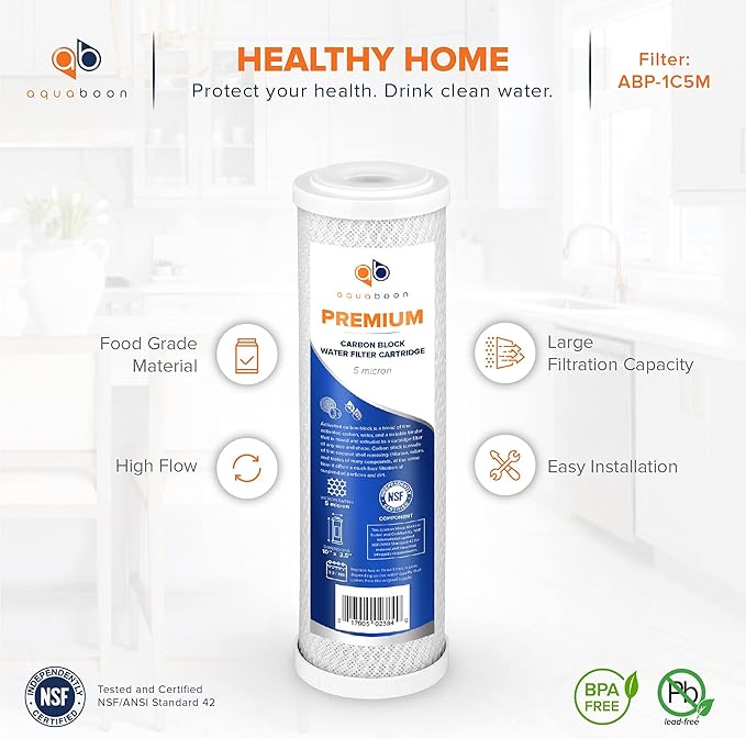 Aquaboon 5 Micron 10 x 2.5 Premium CTO Filter Cartridge for Whole House Carbon Block Water Filter Replacement Compatible with FC15, FXWTC, 12-Pack