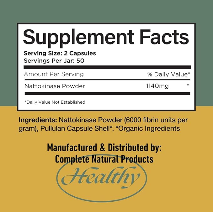Complete Natural Products Nattokinase Capsules - 100 Count 570Mg 6000Fu'S, Support Healthy Circulation, Natto Enzymes, Gluten Free, Pure Soy Enzyme, Vegan, Non-GMO