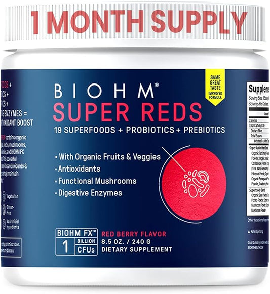 BIOHM Super Reds, Beet Root Powder Antioxidant Beets and Smoothie Mix with Tart Cherry Extract and 19 Red Whole Foods Packed with Prebiotics and Probiotics, Non-GMO, Red Berry Flavor (30 Servings)