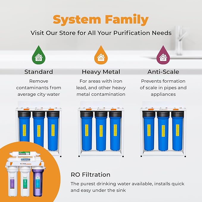 Rotek Water Systems Whole House Water Filtration System | 1-Stage Water Filter System | KDF | Clean Water | Heavy Metal Filter | 20 Inch