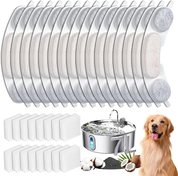 16 Sets Pet Dog Replacement Filters Compatible with Smartoo 7l/236oz/1.8G Dog Water Fountain, Water Fountain Filters for Stainless Steel Dog Water Fountain