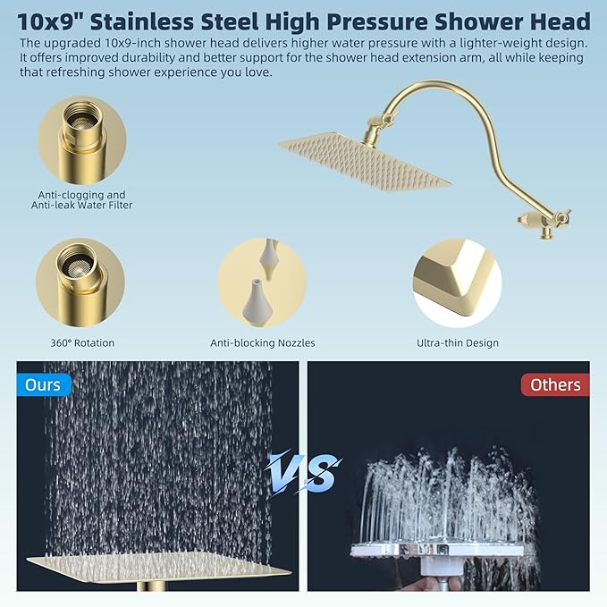 Hibbent All Metal Shower Head, 10'' High Pressure Rainfall Shower Head/Handheld Gold Showerhead Combo with 12'' Adjustable Shower Extension Arm, 10-Spray, 71'' Hose Showerhead Holder, Polished Brass