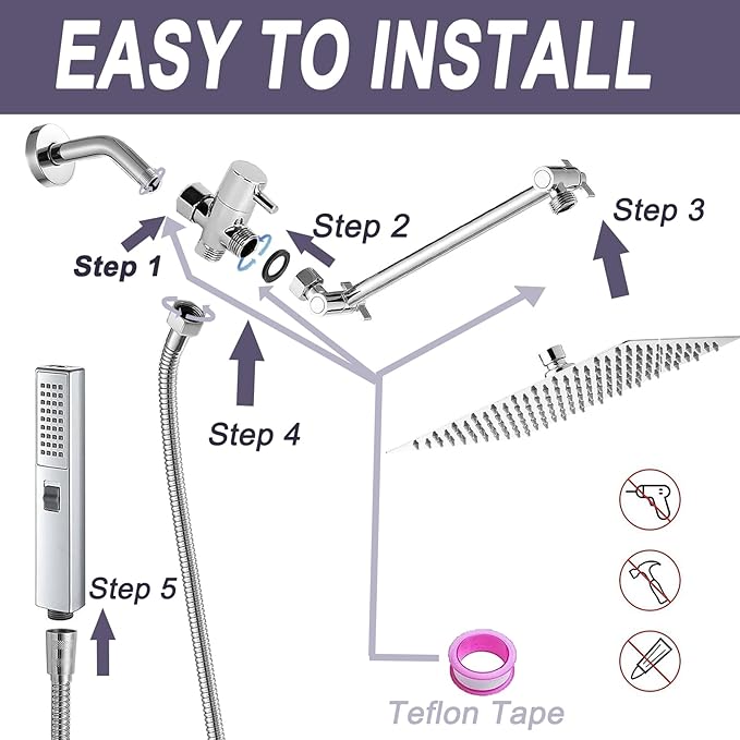 10" High Pressure Square Rainfall Shower Head and 2-in-1 Hand Shower, Equipped with 78"Hose,3 Way Diverter Valve, Adhesive Shower Head Holder (AWAXFOLO Chrome Square Shower Head Set)