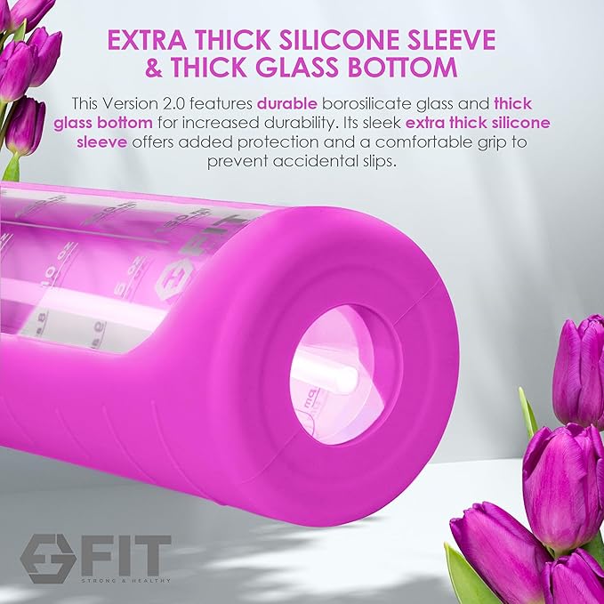 FIT Strong & Healthy 32 oz Glass Water Bottle with Straw Lid, Time Marker, Sleeve & Extra Lid - Motivational, Wide Mouth 1 Liter Glass Drinking Bottle