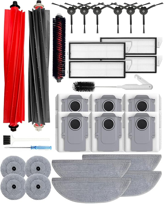 30 Pack Accessories Kit for Roborock S8 MaxV Ultra/S8 Max Ultra Robot Vacuum Cleaner, 2 Main Brushes, 6 Activated Carbon Dust Bags, 4+4 Mop Cloths, 4 HEPA Filters, 6 Side Brushes,1 Self-Cleaning Brush