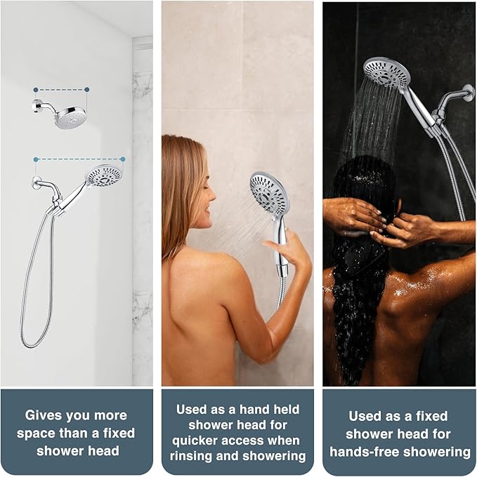 BRIGHT SHOWERS 9 Spray Settings Shower Head with Handheld High Pressure Chrome Hand Held Showerhead with 60 Inch Stainless Steel Hose and Adjustable Overhead Bracket