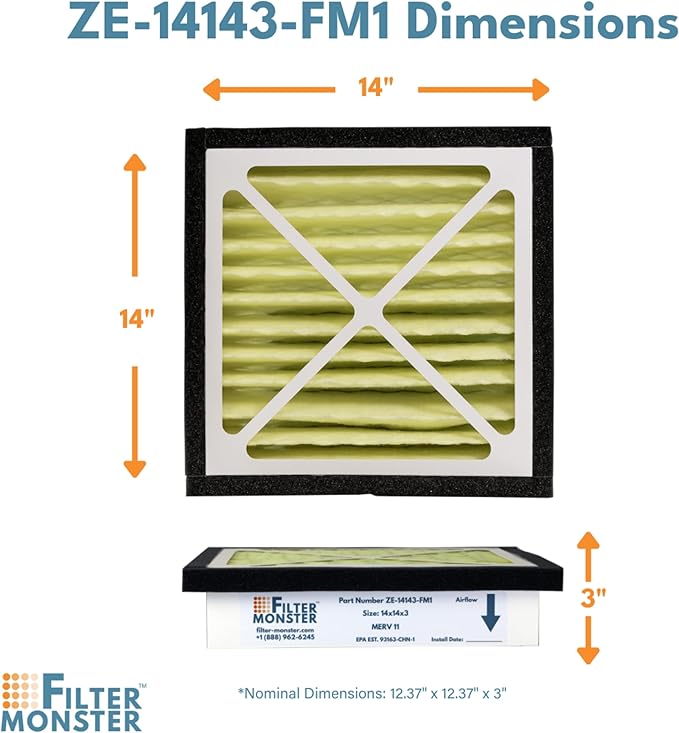 Filter-Monster - Replacement HEPA Filter Bundle - Compatible with Zephyr VGF Series 14x14x3 Whole Home Return Air Grille Filter, 2 Filter Replacement Bundle