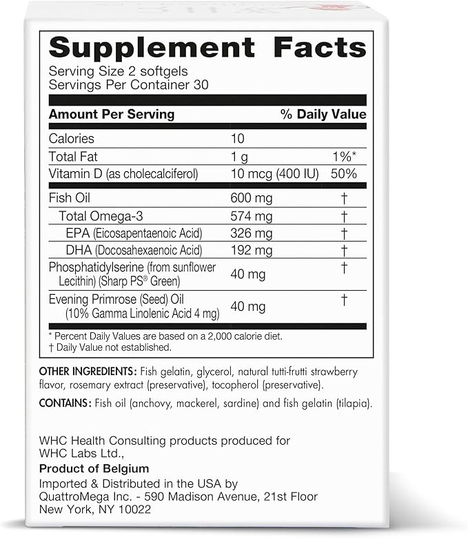 WHC, QuattrO3 & PS, Fish Oil Complex for Children, Omega-3 Triglycerides, Vitamin D3, GLA, Phosphatidylserine, Soy Free, Tutti-Frutti Strawberry Flavor, 60 Softgels