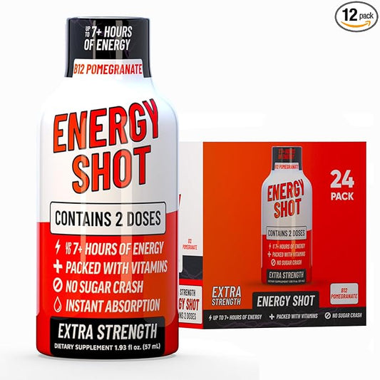 Energy Shot – 2 Servings – 100% DV B-Vitamins & 130mg Plant-Based Caffeine – Zero Calories, Sugar-Free, Vegan, Non-GMO – Energy & Productivity Support (1.93 Fl Oz (Pack of 24), Pomegranate)