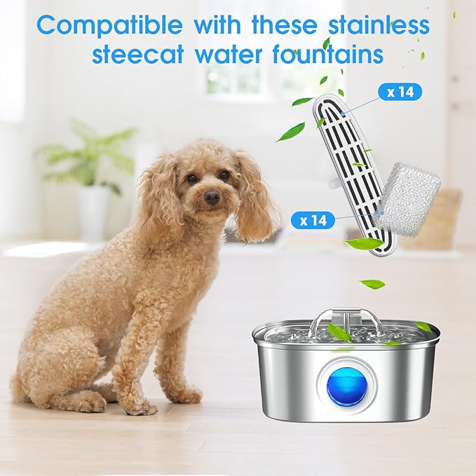 28 Pack Cat Water Fountain Filters Replacement for OPOWO 108oz/3.2L Wireless Pet Water Dispenser Fountain FT999 (14 Filters & 14 Sponges)